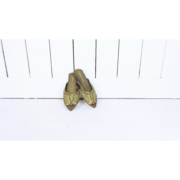 Vintage metallic embroidered beaded Indian flat mule faux suede sandals - Picture 1 of 7